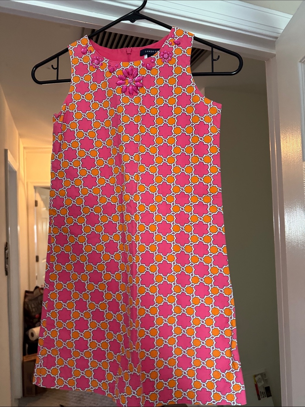Lands' End Pink and Orange Floral Geometric Shift Dress